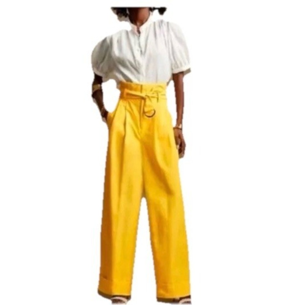 Wide Leg Belted Paperbag Pants Petite 0 Pleated Front High Waisted Cuffed Hem